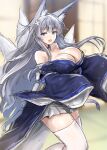  1girl :d animal_ears azur_lane blue_eyes blue_kimono breasts cleavage detached_collar ebizome fox_ears fox_tail grey_hair highres japanese_clothes kimono kitsune kyuubi large_breasts long_hair mole mole_under_eye multiple_tails off_shoulder open_mouth pleated_skirt shinano_(azur_lane) sketch skirt sleeves_past_fingers sleeves_past_wrists smile tail thighhighs very_long_hair white_skirt white_thighhighs zettai_ryouiki 