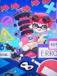  1boy amiibo arrow_(symbol) black_footwear black_pants blue_background chromatic_aberration commentary_request cross-laced_footwear eyewear_on_head full_body glitch grey_eyes gun heavy_splatling_(splatoon) highres holding holding_gun holding_weapon inkling inkling_boy open_mouth pants pink_hair pointy_ears red-framed_eyewear road_sign shirt shoes short_hair sign sitting sleeves_past_wrists smile solo splatoon_(series) sticker stop_sign sunglasses tentacle_hair tonbofree warning_sign weapon white_shirt 