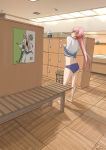  1girl akashi_(kantai_collection) alternate_costume barefoot bench blue_panties commentary_request from_behind full_body green_eyes hair_ribbon highres indoors kachi_(kachi5100) kantai_collection locker locker_room long_hair looking_at_viewer panties pink_hair poster ribbon shirt shirt_lift solo standing stool tress_ribbon twitter_username underwear undressing white_shirt wooden_floor 