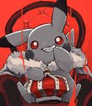  animal_ears blood cape chair cross crown highres king king_(vocaloid) misonikomiii no_humans pikachu poke_ball pokemon pokemon_(creature) red_eyes sitting solo tail 