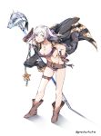  1girl belt bikini boots breasts brown_footwear brown_gloves cleavage female_my_unit_(fire_emblem:_kakusei) fire_emblem fire_emblem:_kakusei fire_emblem_heroes fish full_body gloves graysheartart highres jewelry my_unit_(fire_emblem:_kakusei) necklace o-ring o-ring_bikini parted_lips polearm simple_background solo swimsuit thigh_strap twintails twitter_username weapon white_background white_hair 