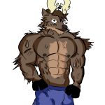 abs absurd_res andromorph anthro bardron biceps blush bodily_fluids bottomwear clothed clothing deer digital_media_(artwork) hi_res horn intersex male mammal muscular muscular_anthro nipples pants sfw sirdeerhead solo sweat