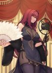  1girl black_dress black_gloves blurry blurry_background bodystocking breasts china_dress chinese_clothes cleavage cowboy_shot depth_of_field dress evan_yang fan fate/grand_order fate_(series) folding_fan garter_straps gloves hair_intakes highres long_hair microphone purple_hair scathach_(fate)_(all) scathach_(fate/grand_order) shawl single_glove solo thighhighs 