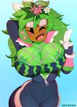  2019 big_breasts blaster_master blush bodysuit breasts clothed clothing eyewear female flora_fauna flower food fruit goggles green_nipples green_skin hi_res hotkeke1 humanoid kanna_(blaster_master) melon nipple_slip nipples not_furry one_eye_closed plant plant_humanoid simple_background skinsuit solo tight_clothing video_games watermelon wide_hips wink 