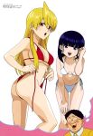  2girls :o absurdres adjusting_hair akemi_(snack_basue) bikini black_hair blonde_hair blush breasts character_request cleavage earrings glasses highres jewelry large_breasts leaning_forward long_hair looking_at_viewer magazine_scan megami_magazine multiple_girls navel official_art open_mouth red_bikini red_eyes scan shirt side-tie_bikini_bottom simple_background snack_basue swimsuit thought_bubble twisted_torso white_background white_bikini yellow_shirt 