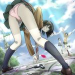 3girls arms_up ass bent_over black_hair blazer blue_legwear bow bowtie brown_eyes brown_hair cable cardigan cherry_blossoms cloud coppelion cracked_street day dutch_angle from_behind from_below fukasaku_aoi full_body grass green_hair green_skirt gun hand_on_own_knee handgun horizon jacket kneehighs legs loafers long_hair looking_at_viewer looking_back luger_p08 m_o_(prftz) miniskirt multiple_girls naruse_ibara necktie nomura_taeko open_mouth outdoors overgrown pale_skin panties pantyshot parted_lips perspective picking_up pink_panties plaid plaid_skirt pleated_skirt road school_uniform shoes short_hair short_ponytail skirt sky sleeves_rolled_up smile standing standing_on_one_leg striped striped_neckwear sunlight transmission_tower tree underwear upskirt weapon 