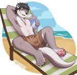 anthro beach biped bulge claws clothed clothing countershade_face countershade_fur countershade_tail countershade_torso countershading fingers fur hair male mammal mustelid mytigertail otter pawpads paws seaside smile solo tail