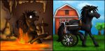 barn blue_sky bodily_fluids burning butt butt_on_fire cave comic digital_media_(artwork) equid equine feral fire grass horse icepack lava male mammal metallicumbrage pain plant raised_tail sky solo tail tears tree wheelchair