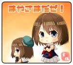  2girls :&lt; artist_name black_gloves blue_eyes brown_hair commentary_request cowboy_shot dual_persona gloves gradient gradient_background hair_ornament hairclip hat headgear kantai_collection looking_at_viewer maya_(kantai_collection) multiple_girls neckerchief orange_background pleated_skirt red_neckwear remodel_(kantai_collection) sailor_collar school_uniform serafuku short_hair skirt sleeveless taisa_(kari) translation_request upper_body white_sailor_collar x_hair_ornament 