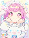  1girl animal_ears blue_eyes blush blush_stickers cinnamoroll closed_mouth commentary cup dog_ears head_rest heart highres holding holding_cup holding_spoon looking_at_viewer maid_headdress ootori_emu open_mouth pink_eyes pink_hair project_sekai sanrio short_hair signature smile solo spoon star-shaped_pupils star_(symbol) symbol-shaped_pupils window yuhi_(hssh_6) 
