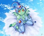 bandai_namco barefoot big_breasts breasts cleavage clothed clothing digimon digimon_(species) feet female green_body hi_res humanoid ranamon red_eyes sea solo souleatersaku90 water