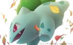  anniversary bright_pupils bulbasaur claws commentary_request falling_leaves fang from_side komepan leaf no_humans open_mouth pokemon pokemon_(creature) red_eyes simple_background solo twitter_username white_background white_pupils 