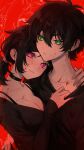  1boy 1girl absurdres andrew_graves ashley_graves black_collar black_hair black_sweater blood blood_on_face collar green_eyes highres hug nanin pale_skin pink_eyes ponytail red_background siblings smile sweater the_coffin_of_andy_and_leyley 