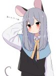  1girl absurdres alternate_hairstyle animal_ears arrow_(symbol) blue_capelet blush capelet expressionless grey_capelet grey_hair hair_between_eyes highres jewelry kashiwa_kona long_hair long_sleeves looking_to_the_side mouse mouse_ears mouse_girl mouse_tail nazrin necklace pendant red_eyes simple_background solo tail touhou translation_request white_background 