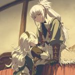  1boy 1girl black_hairband brown_eyes eye_contact female_my_unit_(fire_emblem_if) fire_emblem fire_emblem_if green_kimono hair_ribbon hairband japanese_clothes kimono long_hair looking_at_another mooncanopy my_unit_(fire_emblem_if) ponytail red_eyes red_ribbon ribbon silver_hair sweatdrop takumi_(fire_emblem_if) very_long_hair 