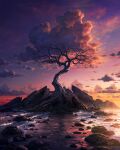  bare_tree boulder cloud daniel_conway highres moss no_humans original outdoors rock roots scenery shore sky stairs star_(sky) starry_sky tree twilight water waves web_address 