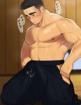  1boy abs bara black_hair blush closed_mouth clothed_masturbation clothing_cutout collarbone commentary_request dojo frown hakama hakama_pants highres japanese_clothes kneeling large_pectorals male_focus male_masturbation masturbation muscular muscular_male nipples original pants pectorals sarukichi_6401 short_hair solo steaming_body sweat thick_eyebrows thigh_cutout topless_male very_sweaty 