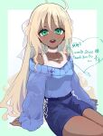  1girl ahoge blonde_hair blue_skirt blue_sweater bow choker commission dark-skinned_female dark_skin green_eyes hair_bow highres lace-trimmed_choker lace_trim long_hair no_(e00_en) off-shoulder_sweater off_shoulder open_mouth original sitting skeb_commission skirt smile solo sweater very_long_hair white_bow white_choker 