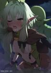  1girl 3boys :o anal artist_name belt black_belt blush breasts brown_cape cape clothed_sex colored_skin completely_nude double_penetration goblin goblin_slayer! green_hair green_skin high_elf_archer_(goblin_slayer!) imminent_irrumatio kohei_moriya long_hair multiple_boys navel night nude outdoors pointy_ears rape sex sharp_teeth small_breasts sweat teeth tongue torn_cape torn_clothes upper_teeth_only vaginal 
