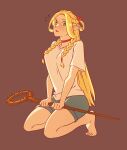  1girl absurdres bare_arms bare_legs barefoot blonde_hair braid breasts brown_background casual choker commentary_request dungeon_meshi elf french_braid from_side full_body green_eyes grey_shorts highres holding holding_staff kneeling korean_commentary large_breasts long_hair looking_at_viewer marcille_donato multiple_braids noeul open_mouth parted_bangs parted_lips pointy_ears red_background shirt short_sleeves shorts side_braid solo sprout staff t-shirt white_shirt 