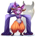 animal_ears bottomwear breasts brown_clothing brown_footwear brown_shoes clothing eyelashes eyeshadow female footwear grey_body hair hat headgear headwear hi_res humanoid inner_ear_fluff league_of_legends lipstick long_sleeves makeup navel orange_bottomwear orange_clothing orange_eyes orange_pants pants pupils purple_clothing purple_eyeshadow purple_hair purple_hat purple_headwear purple_lipstick purple_topwear riot_games shoes short_hair short_stack slightly_chubby slit_pupils small_breasts solo thick_thighs topwear tuft vestavice vex_(lol) wide_hips yordle