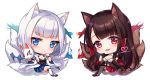  2girls akagi_(azur_lane) animal_ears azur_lane bangs black_kimono blue_eyes blunt_bangs breasts brown_hair chibi cleavage eyeliner eyeshadow fox_ears fox_girl fox_mask fox_tail gloves hakama_skirt holding holding_mask japanese_clothes kaga_(azur_lane) kimono kitsune makeup mask moorina multiple_girls multiple_tails partly_fingerless_gloves red_eyes red_skirt siblings sisters skirt tail white_hair white_kimono wide_sleeves 