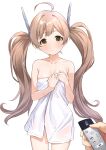  1girl 1other absurdres ahoge b1ack_illust blush breasts brown_hair collarbone controller hakozaki_serika headgear highres holding holding_remote_control idolmaster idolmaster_million_live! long_hair looking_at_viewer naked_towel petite pov pov_hands remote_control simple_background small_breasts towel twintails very_long_hair water_drop wet_towel white_background 