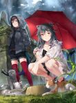  2girls black_hair breasts cat copyright_name full_body grey_hair haruka_(iron_saga) highres hitomi_(iron_saga) holding holding_umbrella hood hoodie iron_saga logo long_hair mechanical_tail mole mole_under_each_eye mole_under_eye multiple_girls multiple_moles official_art orange_eyes outdoors purple_eyes rain second-party_source smile tail umbrella 