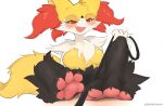 2024 4_toes anthro black_body black_fur blush braixen breasts canid claws cute_fangs digital_media_(artwork) eyewear featureless_breasts feet female female_anthro first_person_view foot_focus fur generation_6_pokemon glasses half-closed_eyes hi_res holding_leash holding_object kemono leash leashed_pov looking_at_viewer mammal narrowed_eyes nintendo open_mouth pawpads paws pokemon pokemon_(species) red_body red_fur round_glasses simple_background solo toe_claws toes wearing_glasses white_background white_body white_fur yellow_body yellow_fur yimoon640