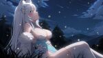  1girl animal_ear_fluff animal_ears ardenlolo bare_shoulders blue_eyes blue_leotard breasts cleavage closed_mouth cloud commentary_request commission forest fox_ears fox_girl grass highres large_breasts leotard looking_up nature night night_sky original outdoors sitting sky solo thighhighs white_thighhighs 