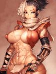  1girl abs black_eyes black_hair breasts brown_background cameltoe covered_nipples fumio_(rsqkr) genderswap gradient gradient_background highres large_breasts muscle muscular_female navel ponytail prosthesis prosthetic_arm scar scarf sekiro sekiro:_shadows_die_twice serious short_hair solo toned underboob white_hair white_scarf wide_hips 