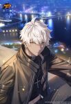  1boy a-37 black_jacket black_shirt blurry blurry_background bshi_edayo buckle city commentary cross cross_necklace depth_of_field earrings english_commentary highres jacket jewelry logo mahjong_soul male_focus midriff_peek necklace night official_art shirt short_hair solo stud_earrings white_hair yellow_eyes 
