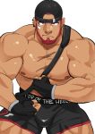  1boy abs backwards_hat bag bara baseball_cap beard bulge character_request cowboy_shot dark-skinned_male dark_skin facial_hair flexing flexing_pectorals frown full_beard hat highres kansuke_(kansuke_717) large_pectorals live_a_hero looking_at_viewer male_focus mature_male muscular muscular_male nipples pectorals sanpaku short_hair short_shorts shorts shoulder_bag sitting solo thick_beard thick_eyebrows thick_thighs thighs topless_male 