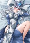  1girl blue_dress breasts dress duel_monster gloves hat highres hip_vent large_breasts long_hair lying misakura_aoi on_back pink_eyes revealing_clothes silent_magician solo white_dress white_gloves white_hair witch_hat yu-gi-oh! 