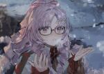  1girl blush breath commentary_request drill_hair glasses hair_ornament hairclip half_updo hands_up highres hyakumantenbara_salome hyakumantenbara_salome_(2nd_costume) long_hair long_sleeves nijisanji pink_eyes pink_hair qing_yan_xia solo upper_body virtual_youtuber 