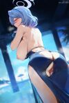  1girl ako_(blue_archive) ako_(dress)_(blue_archive) ass back backless_dress backless_outfit bare_arms bare_shoulders blue_archive blue_eyes blue_hair blue_halo blurry blurry_background blush breasts breath closed_mouth dress from_behind halo highres large_breasts medium_hair misaka_12003-gou nipples official_alternate_costume outdoors pussy solo thighs torn_clothes torn_dress twitter_username 
