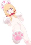  1girl :3 absurdres animal_collar animal_ear_hairband animal_ear_headphones animal_ears animal_hands bell blonde_hair blue_archive blush bow cat_ear_hairband cat_ears cat_paws collar collarbone dutch_angle fake_animal_ears flat_chest foot_up gloves groin hair_bow hair_censor hairband halo hands_up headphones highres jingle_bell low-tied_sidelocks medium_hair momoi_(blue_archive) navel neck_bell nude open_mouth paw_gloves paw_shoes pink_eyes pink_halo red_bow red_collar shion-_-02 smile solo white_background white_gloves 