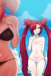  2girls alternate_costume arm_behind_back bare_shoulders bikini blurry blurry_foreground breasts cloud collarbone cowboy_shot day eating hair_over_one_eye hand_up heart_o-ring highres jinx_(league_of_legends) kimtoxic large_breasts league_of_legends long_hair lux_(league_of_legends) multiple_girls outdoors red_hair small_breasts star_guardian_jinx swimsuit white_bikini 