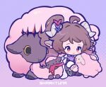  1girl animal_ears arknights artist_name blush chibi closed_mouth commentary dolly_(arknights) english_commentary eyjafjalla_(arknights) horns long_hair red_eyes sharktuna sheep sheep_ears sheep_girl sheep_horns side_ponytail solo 