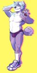  2019 anthro canid canine canis clothing digital_media_(artwork) footwear fur hair hi_res kemono male mammal pecs plum_(artist) shoes simple_background solo underwear yellow_background 