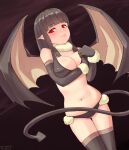  1girl absurdres black_background black_bra black_gloves black_hair black_panties black_thighhighs blunt_bangs blush bra breasts cleavage commentary_request cowboy_shot demon_girl demon_tail demon_wings elbow_gloves eva_(mon-musu_quest!) fur_collar gloves highres large_breasts light_smile long_hair looking_at_viewer mon-musu_quest! navel own_hands_together panties partial_commentary pixiv_id pointy_ears red_eyes simple_background stomach tail thighhighs to_kage_p twitter_username underwear wings 