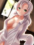  1girl bangs blurry blurry_background blush breasts closed_mouth collarbone collared_shirt cowboy_shot day dutch_angle green_eyes grey_hair hand_up highres indoors kantai_collection kinugasa_(kantai_collection) long_hair looking_at_viewer naked_shirt one_side_up partially_unbuttoned remodel_(kantai_collection) shirt sidelocks signature sleeves_past_fingers sleeves_past_wrists smile soba_chatarou_(tita) solo sunlight tsurime white_shirt window 