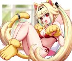  1girl :d animal_hands bare_shoulders bikini blonde_hair blurry blurry_background border breasts cat_paws cat_tail cleavage endou_lily fang from_side full_body gloves green_hair hair_intakes hashtag_only_commentary highres indoors knees_up long_hair looking_at_viewer medium_breasts multicolored_hair outside_border paw_pose red_bikini red_eyes sedai_one side-tie_bikini_bottom sidelocks sitting skin_fang slash-ex smile solo streaked_hair swimsuit tail thighs tiara twintails very_long_hair virtual_youtuber white_border window yellow_footwear yellow_gloves yellow_tail 