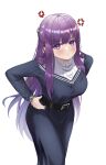  1girl :t absurdres anger_vein ayloss belt black_belt black_dress blunt_bangs blush bracelet breasts dress fern_(sousou_no_frieren) hands_on_own_hips highres jewelry large_breasts leaning_forward long_hair long_sleeves looking_at_viewer pout purple_eyes purple_hair simple_background solo sousou_no_frieren spoken_anger_vein v-shaped_eyebrows very_long_hair white_background 