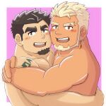  2boys absurdres arm_tattoo bara beard black_hair blonde_hair blush brown_eyes cheek-to-cheek crave_saga dark-skinned_male dark_skin earrings excalibur_(crave_saga) eyebrow_cut facial_hair forked_eyebrows goatee heads_together highres hug jewelry large_pectorals looking_at_viewer male_focus mature_male multiple_boys muscular muscular_male nude open_mouth pectorals protagonist_(crave_saga) satono_(satopu_v2) short_hair simple_background smile tattoo thick_eyebrows yaoi 