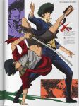  2boys black_hair cowboy_bebop crossover fighting fighting_stance handstand highres holding holding_sword holding_weapon jhony_caballero katana kicking mugen_(samurai_champloo) multiple_boys one_arm_handstand samurai_champloo sandals smirk spike_spiegel suit sword weapon 