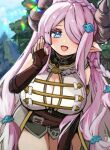  1girl asymmetrical_gloves bare_shoulders black_gloves blue_eyes blush braid breasts cleavage draph elbow_gloves gloves granblue_fantasy hair_ornament hair_over_one_eye heart heart-shaped_pupils highres horns large_breasts long_hair looking_at_viewer narmaya_(granblue_fantasy) open_mouth osakana_(rrg0123) pointy_ears purple_hair single_braid smile solo symbol-shaped_pupils 