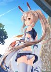  aircraft airplane ass ayanami_(azur_lane) azur_lane bangs bare_shoulders belt blonde_hair blue_skirt cloud cloudy_sky commentary_request cowboy_shot detached_sleeves eyebrows_visible_through_hair food fruit hair_between_eyes headgear highres holding holding_food inu3 long_hair long_sleeves looking_at_viewer looking_back neckerchief open_mouth orange_eyes outdoors panties pantyshot ponytail remodel_(azur_lane) sailor_collar shirt sidelocks skirt sky thighhighs underwear very_long_hair watermelon white_belt white_legwear white_panties white_shirt yellow_neckwear 