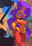  2girls absurdres bacun bare_shoulders blue_eyes breasts closed_mouth dark-skinned_female dark_skin day hand_on_own_hip highres hoop large_breasts long_hair multiple_girls outdoors pointy_ears ponytail pout purple_hair shantae shantae_(series) 