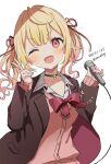  1girl black_jacket blazer blonde_hair blue_nails blush bow bowtie cardigan choker collared_shirt commentary_request dated dot_nose h_(eitilog) hair_ribbon hands_up holding holding_microphone hoshikawa_sara hoshikawa_sara_(4th_costume) jacket long_hair looking_at_viewer microphone multicolored_nails nail_polish nijisanji official_alternate_costume one_eye_closed open_clothes open_jacket open_mouth pink_cardigan pink_nails red_bow red_bowtie red_eyes red_ribbon ribbon school_uniform shirt simple_background sleeves_past_wrists smile solo twintails twitter_username upper_body v v-shaped_eyebrows virtual_youtuber white_background white_shirt 